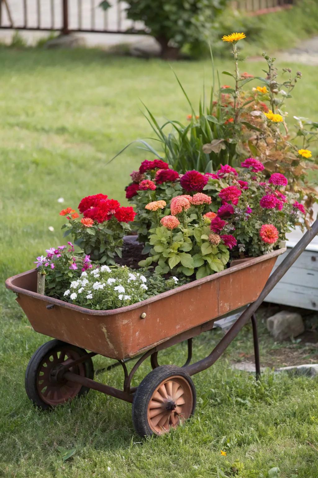 A mobile flower cart that can be wheeled to catch the perfect sunlight, enhancing garden blooms.