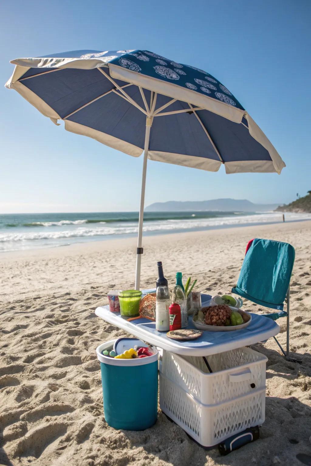 Built-in tables make beach lounging even easier.