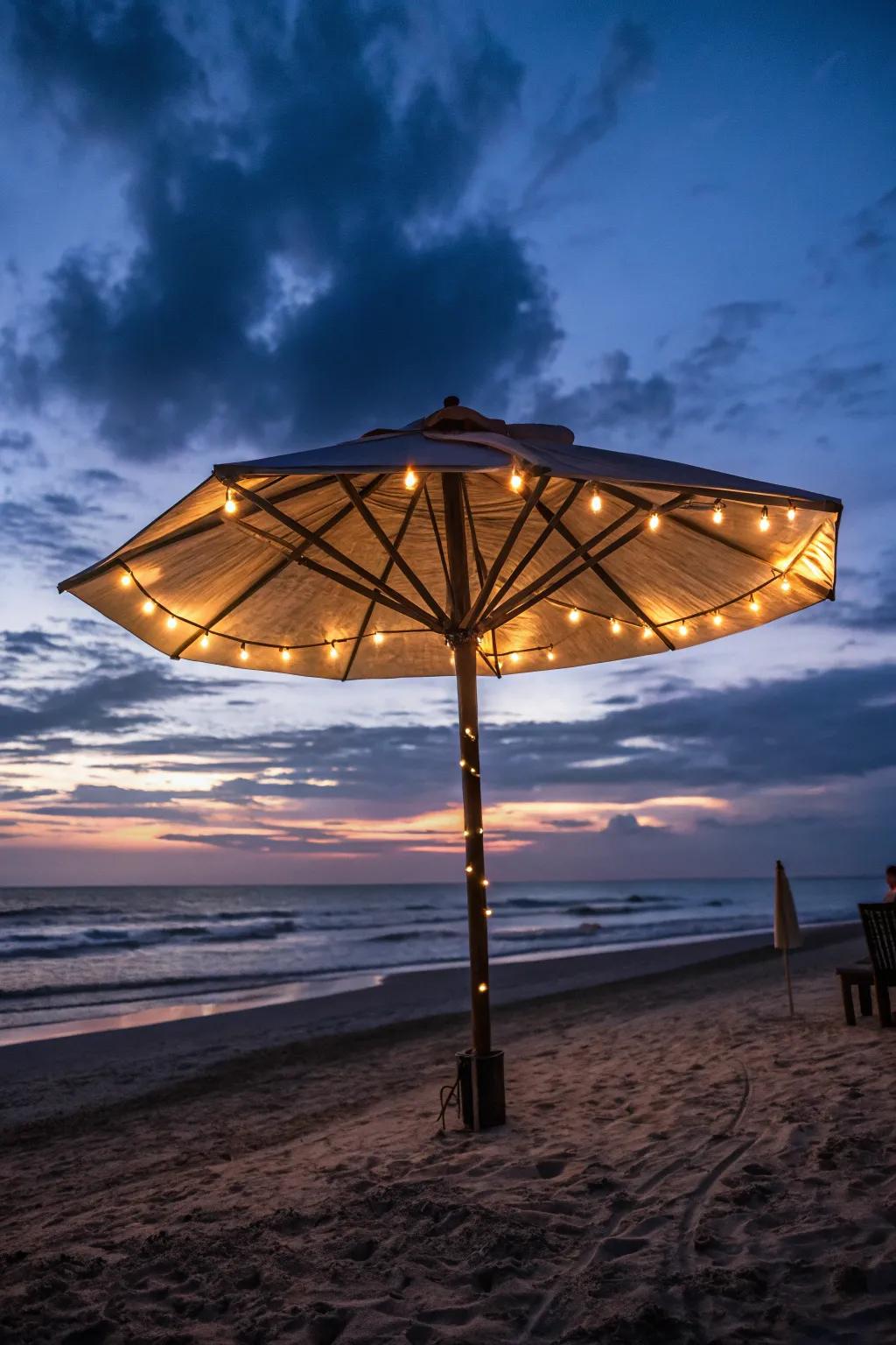 Built-in lights transform your umbrella for nighttime fun.