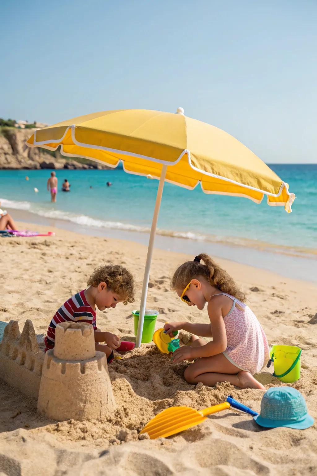 Kids' umbrellas designate a playful, shaded area.