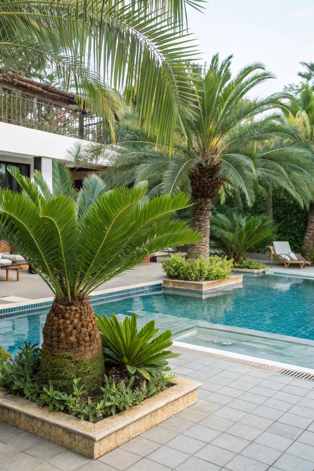 Lush dwarf palms creating a tropical ambiance by the pool.