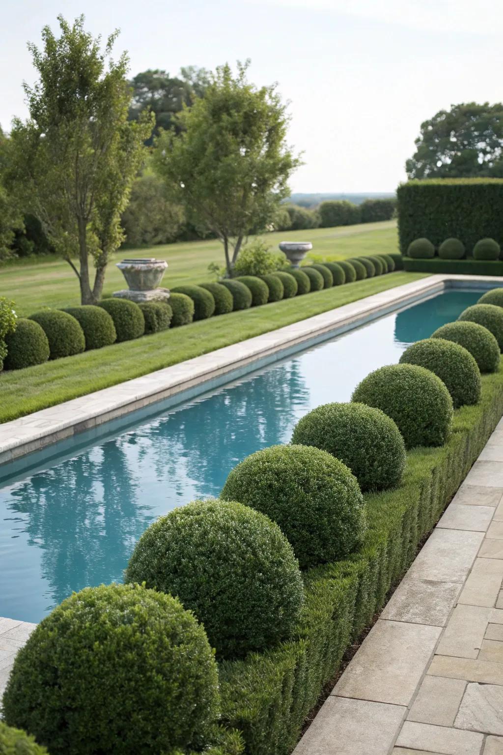 Neat boxwood hedges providing a classic touch to the poolside.