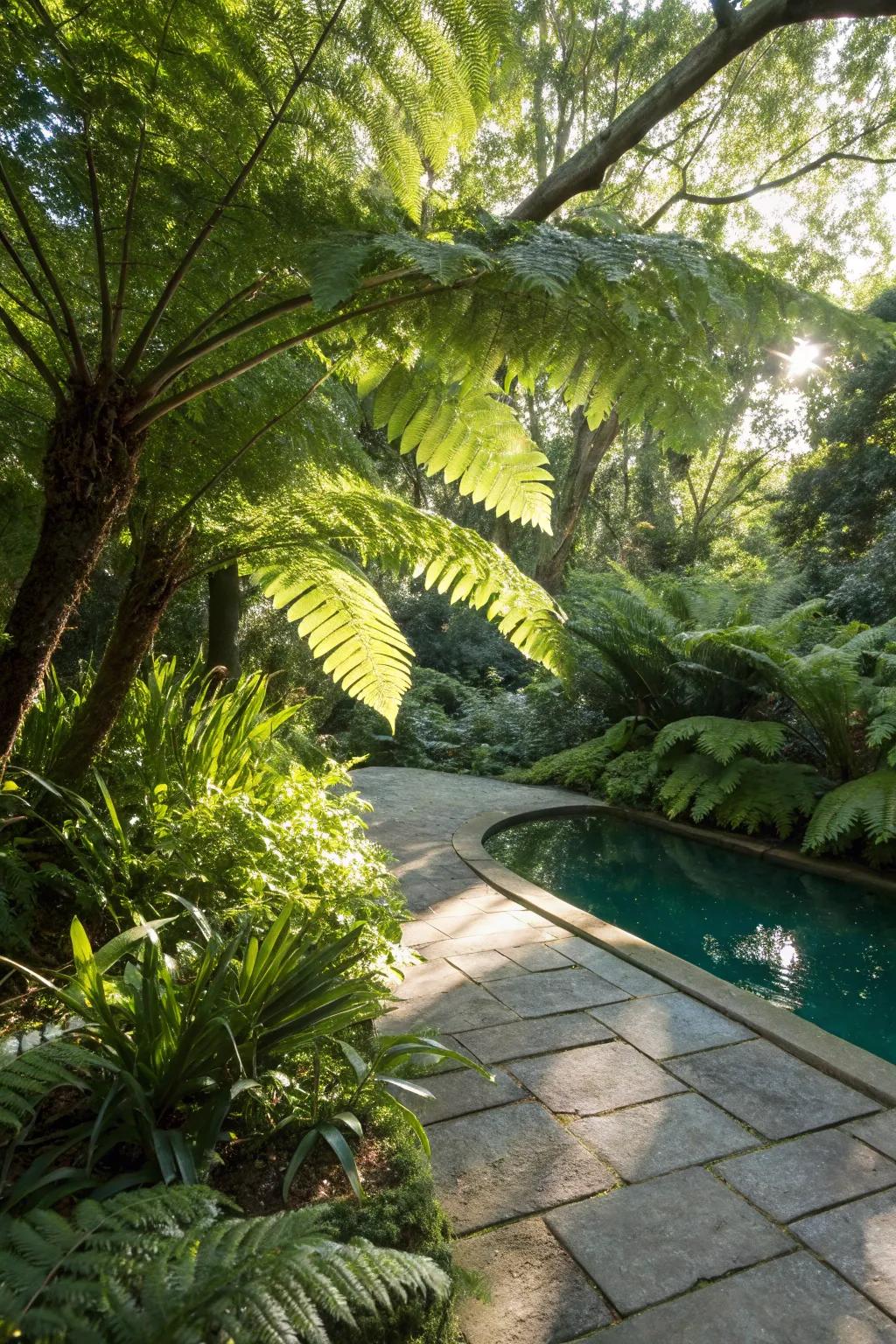 Serene ferns providing a lush, calming corner by the pool.