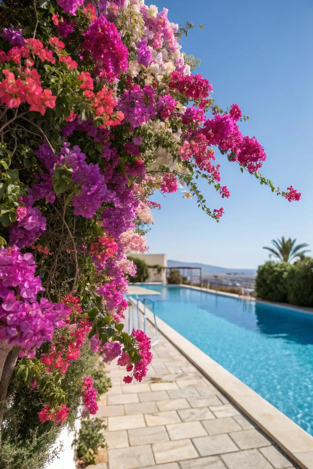 Cascading bougainvillea adding a splash of color to the poolside.