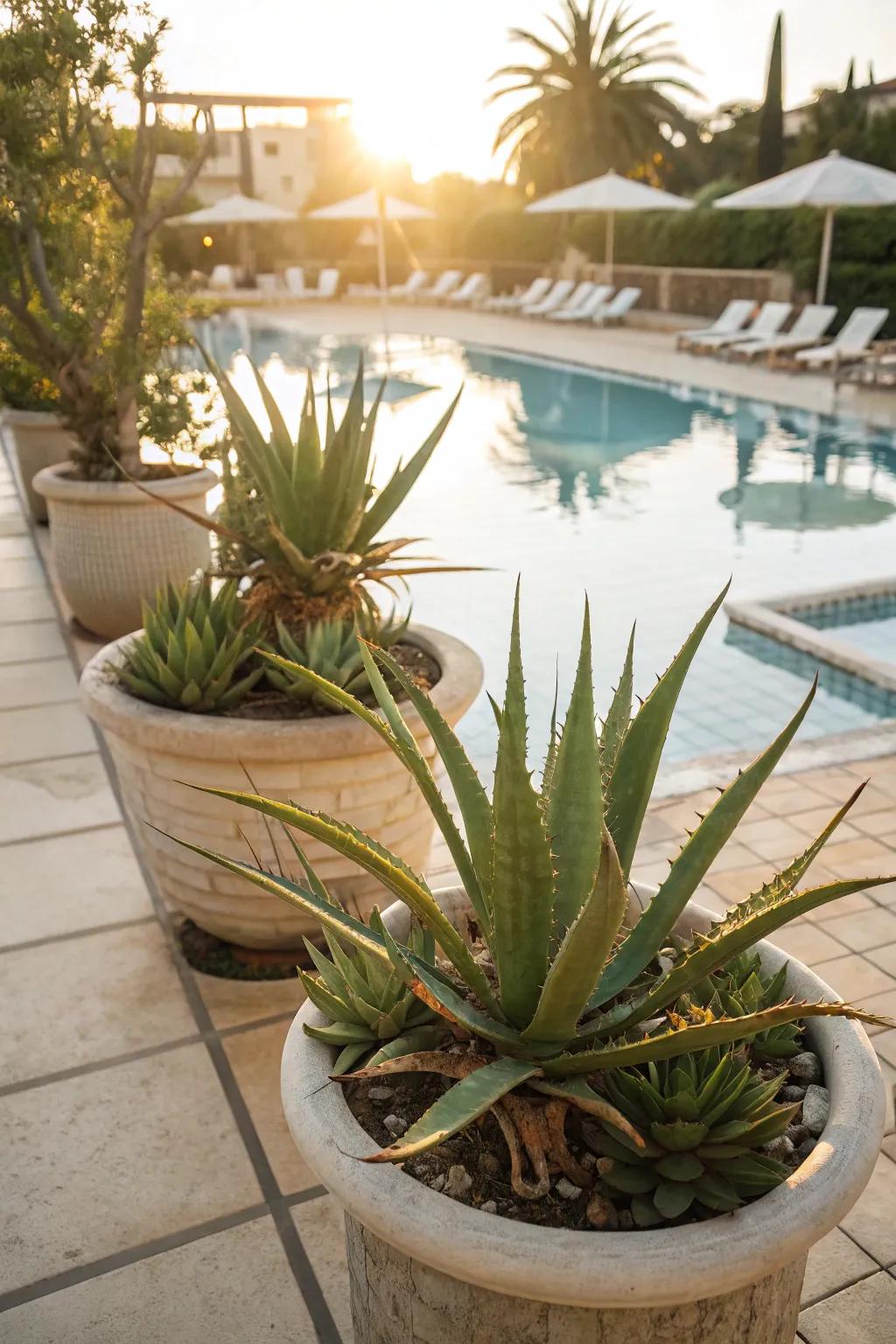 Practical aloe vera offering beauty and utility by the pool.