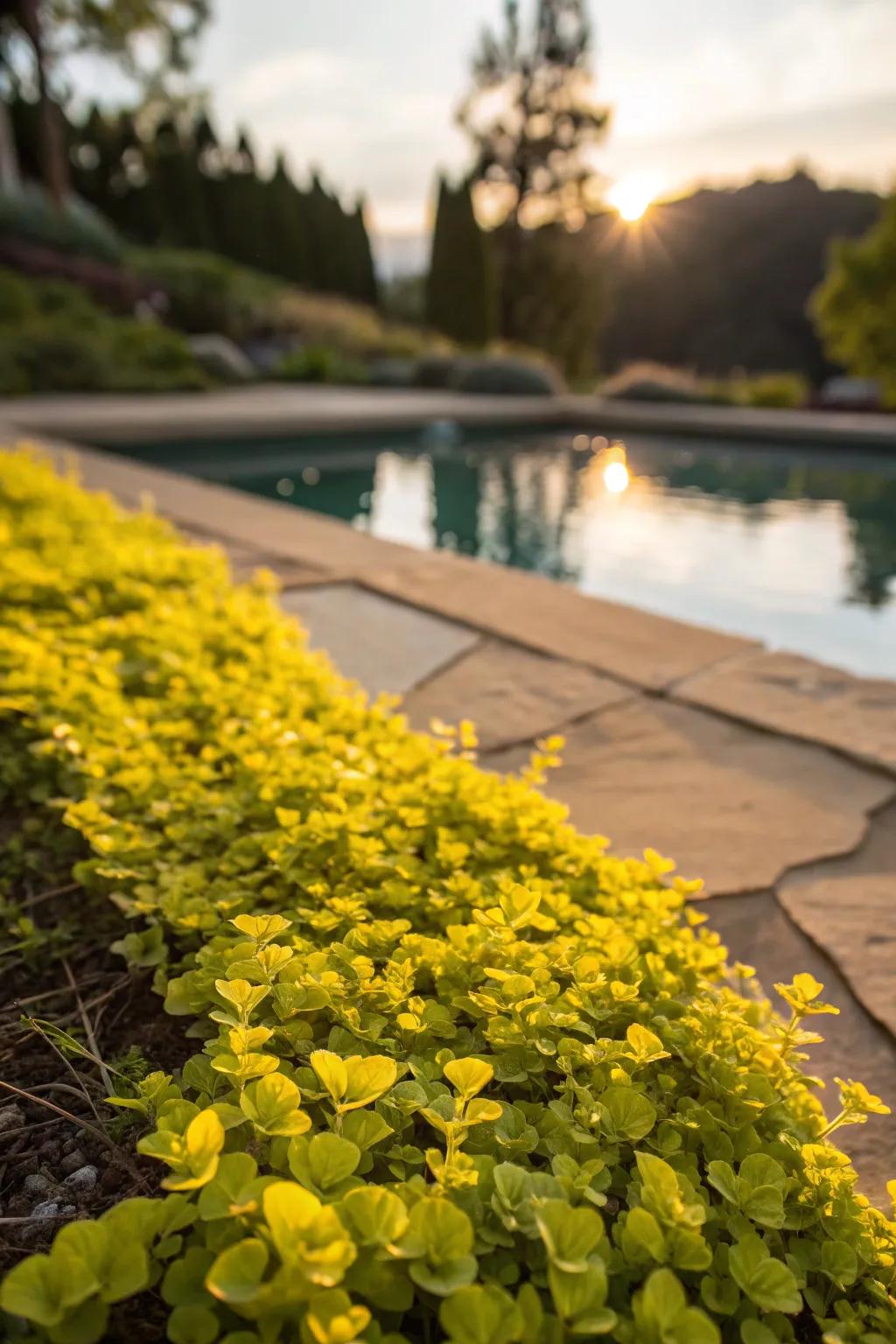 Bright Creeping Jenny adding a pop of color as a ground cover.
