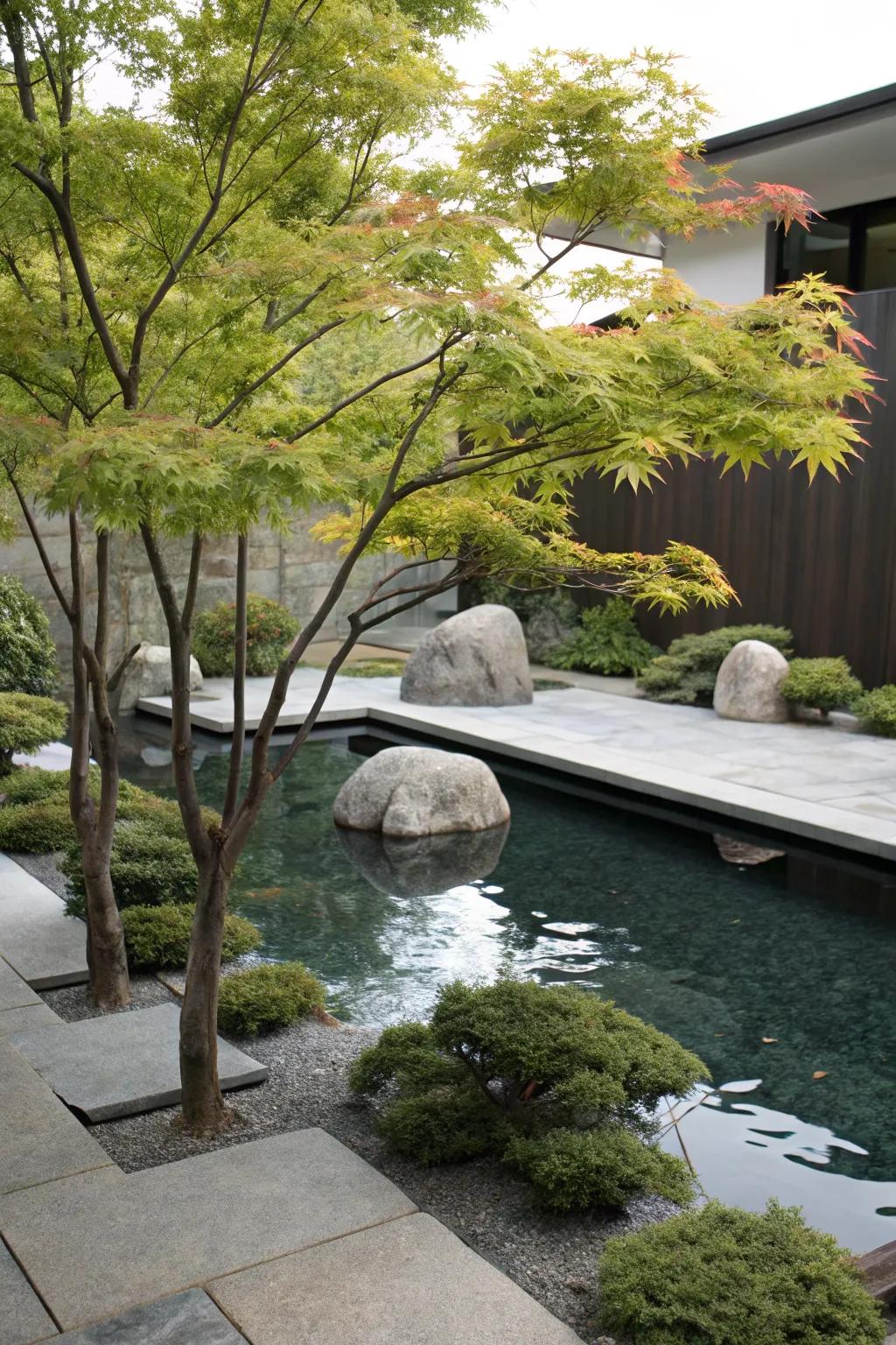 Japanese maples creating a serene, zen-like atmosphere by the pool.