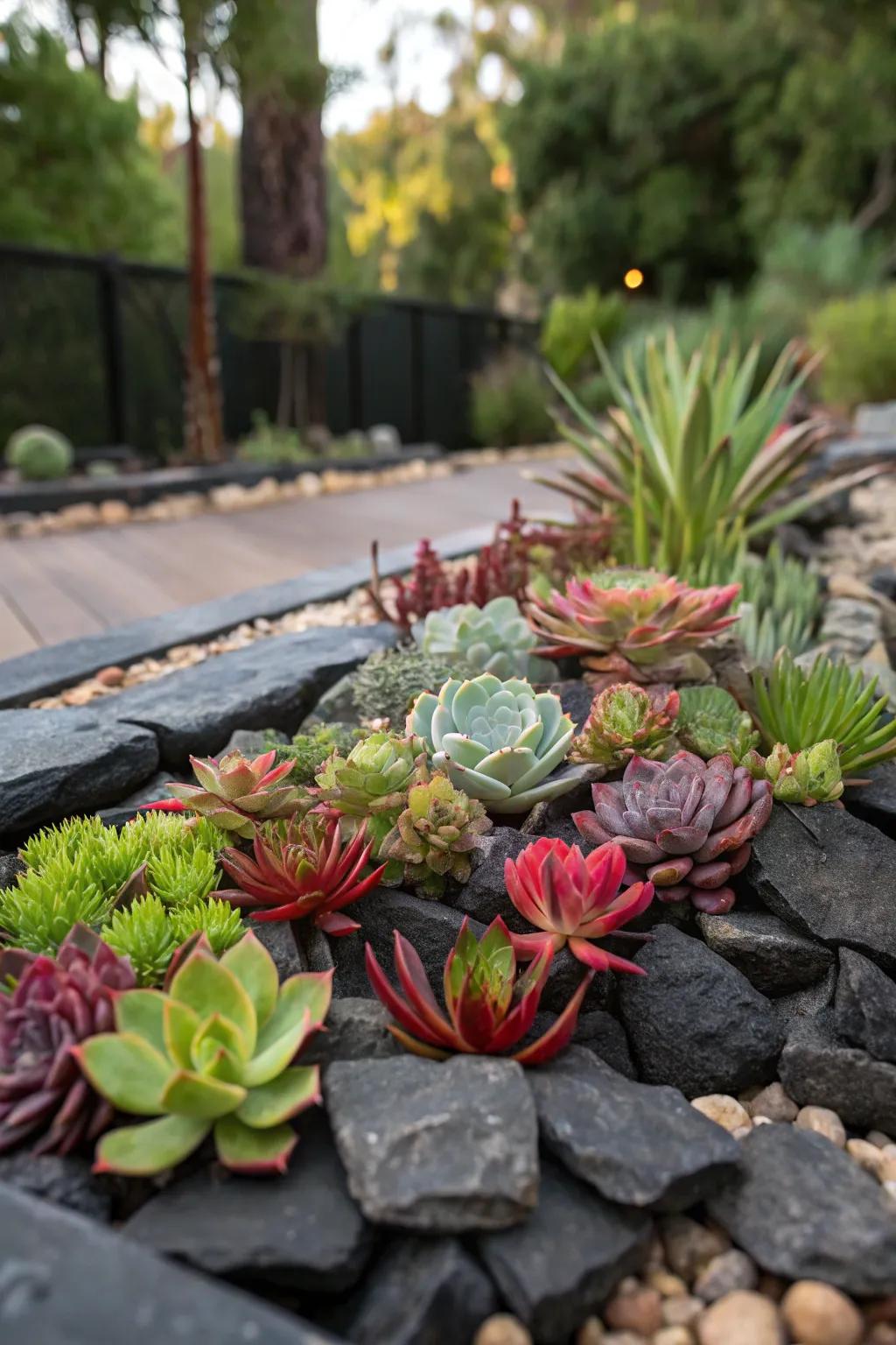 Succulent bed with black rocks.