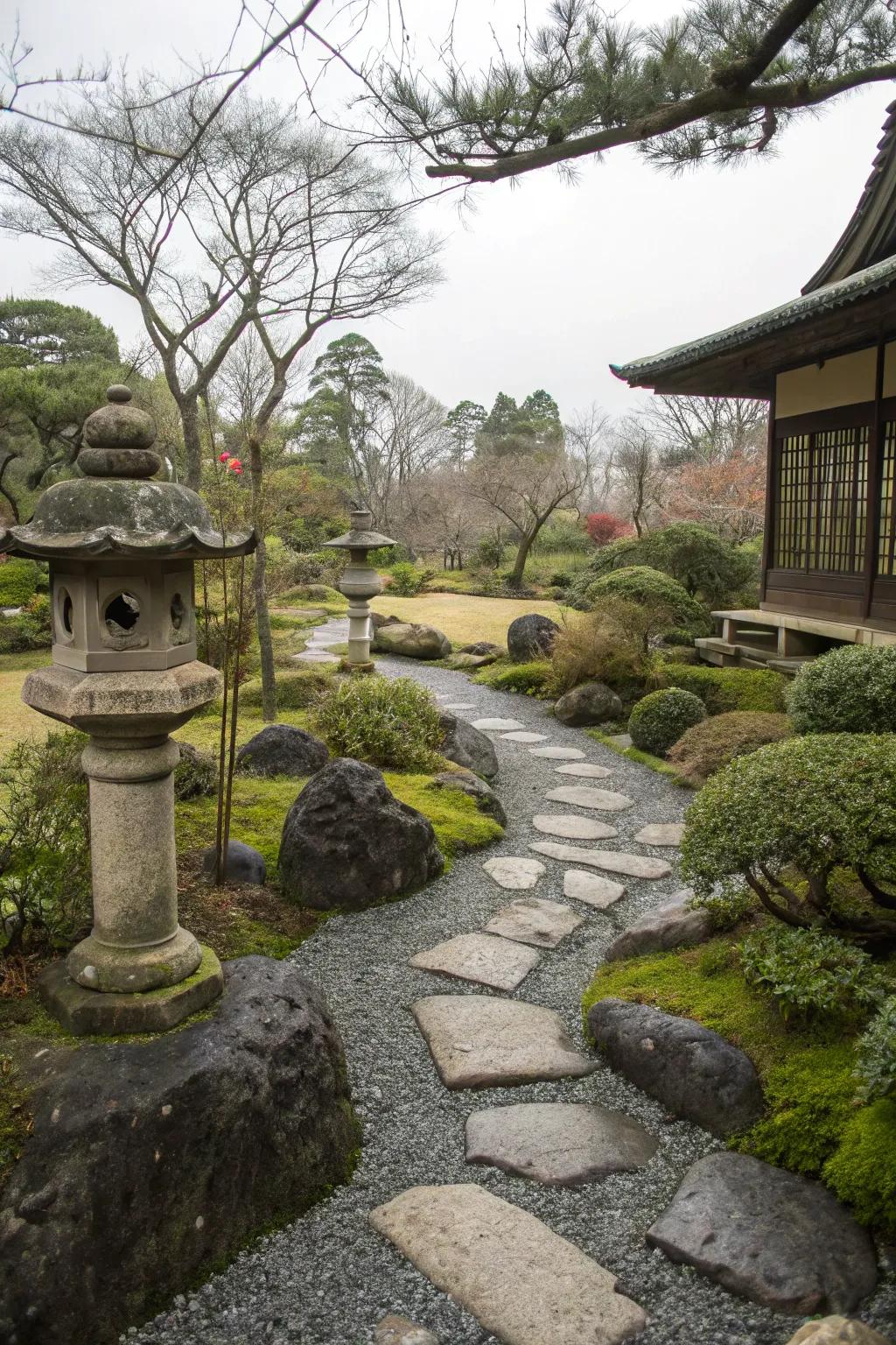 Japanese garden with black rocks.