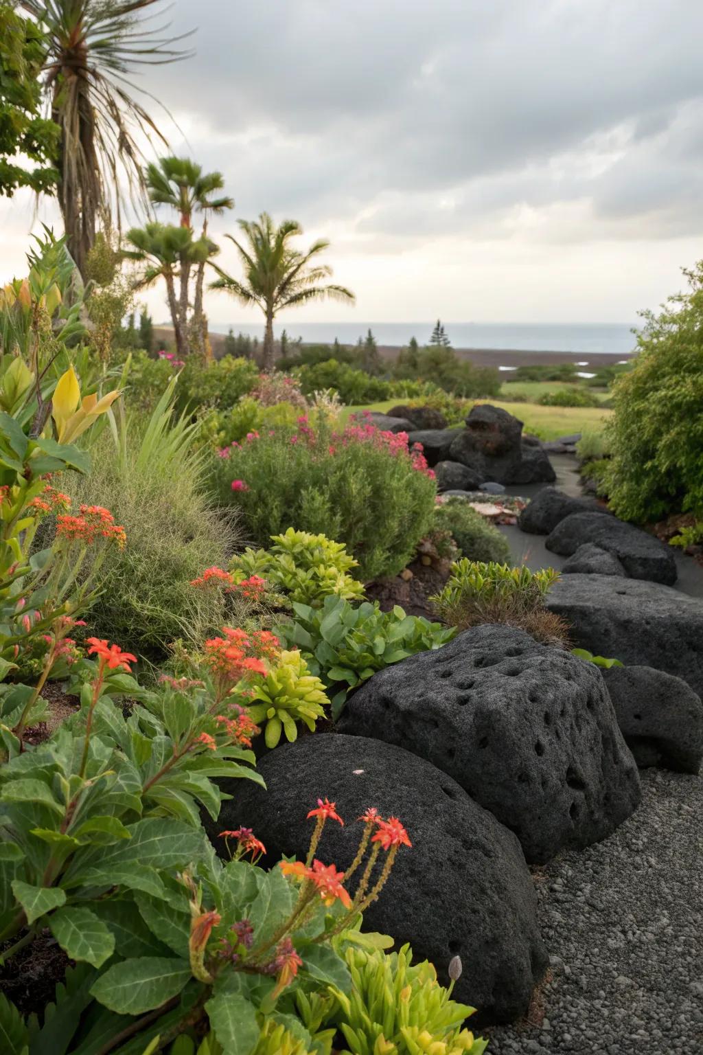 Black rocks in harmony with natural settings.