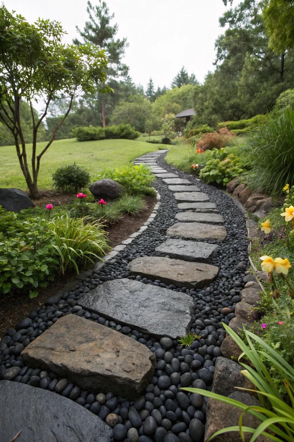 Stepping stones over a black rock path.
