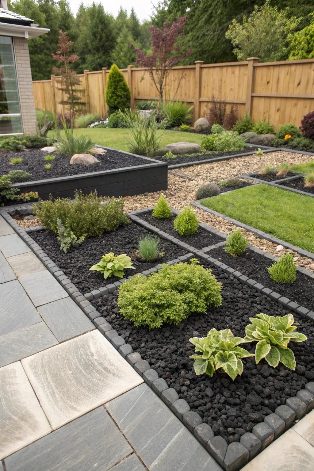 Garden zones defined by black rocks.