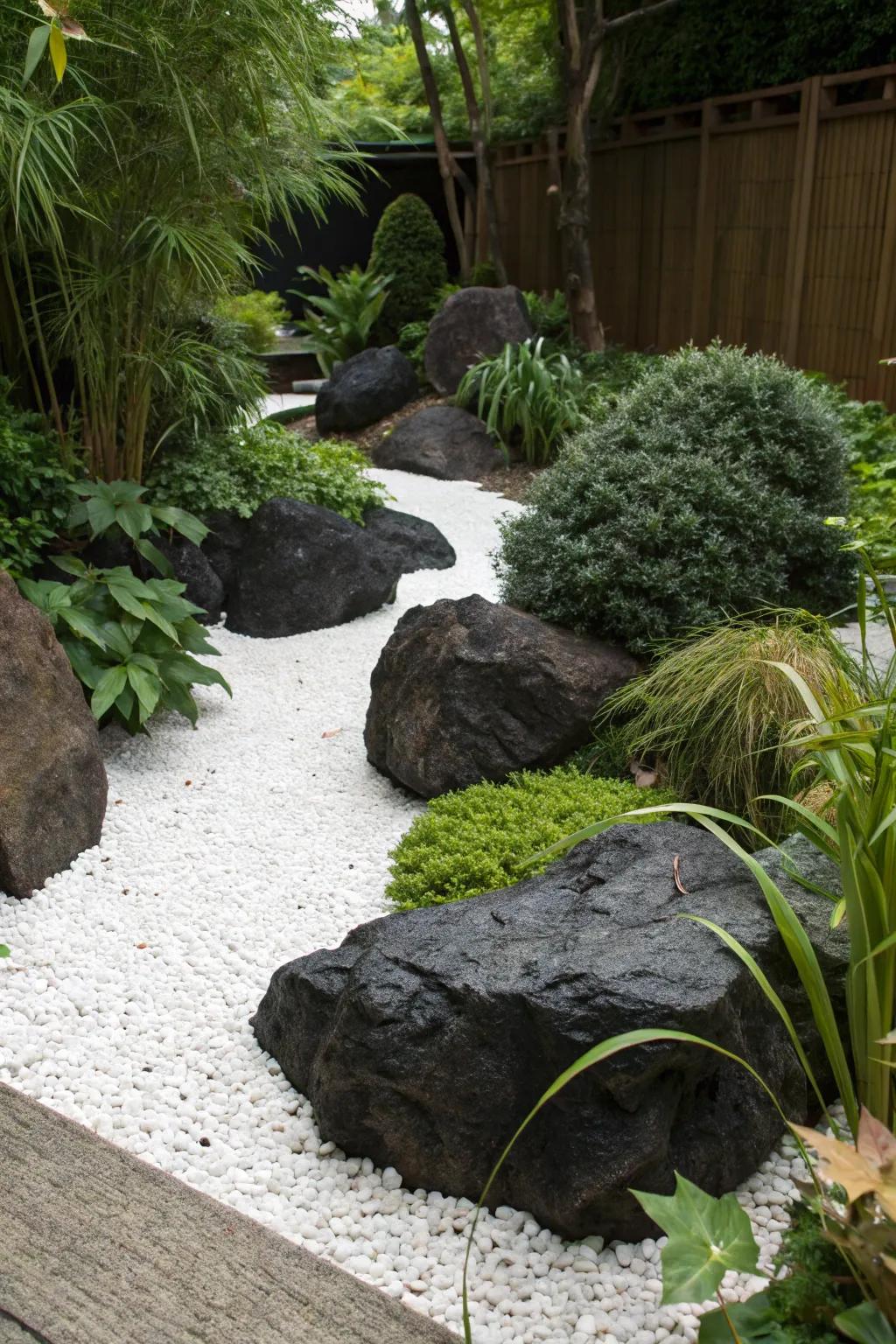 Black rocks paired with white gravel for a bold contrast.