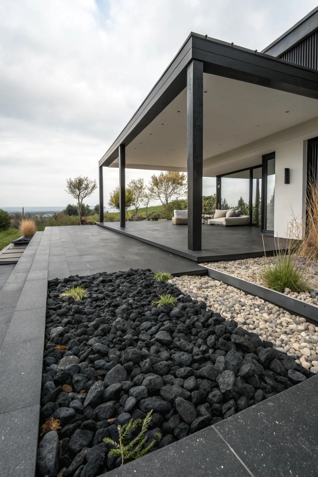 Black rock beds integrating with a patio structure.