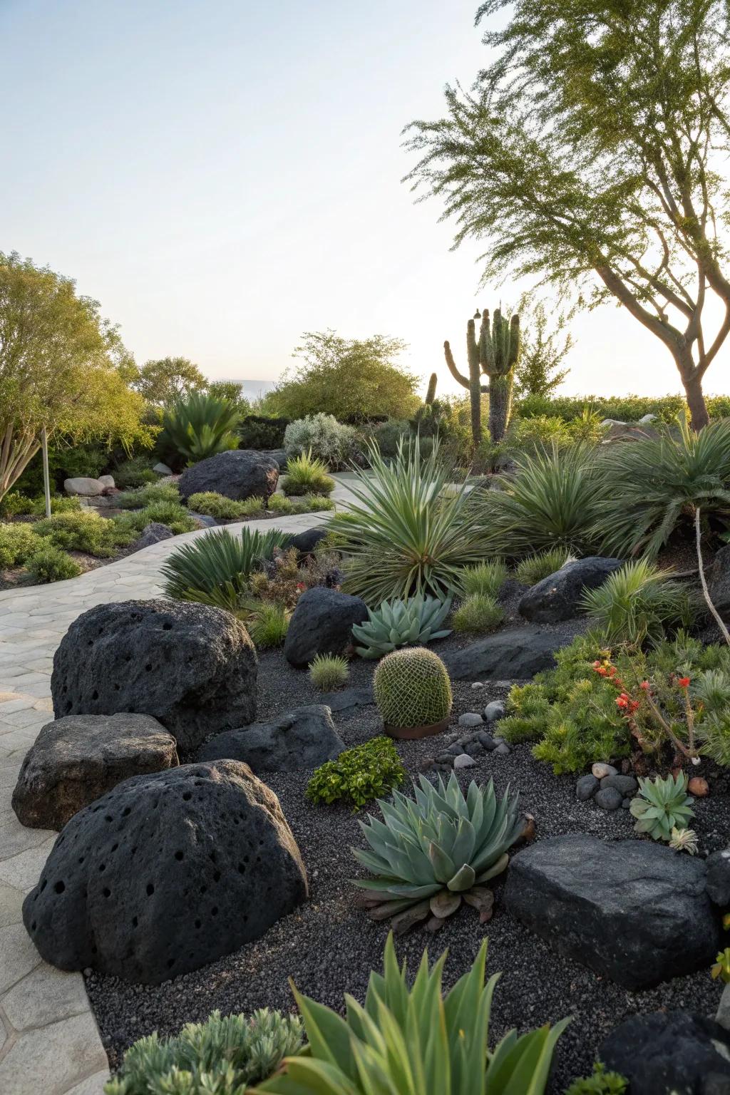 Low maintenance garden with black rocks.