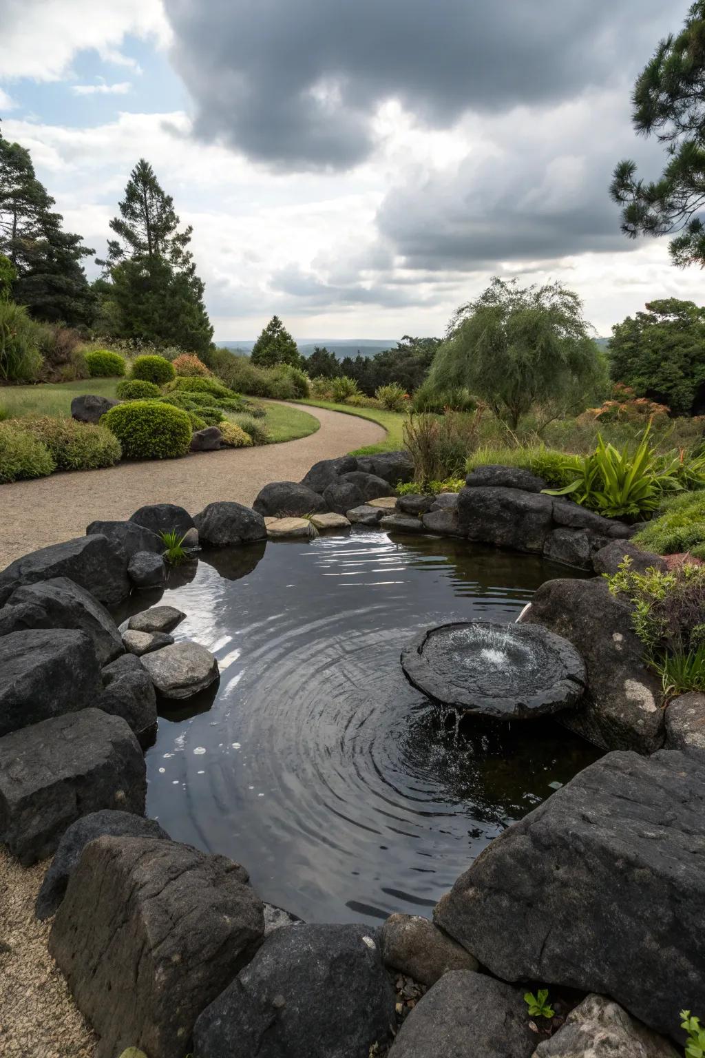 A water feature enhanced by black rocks.