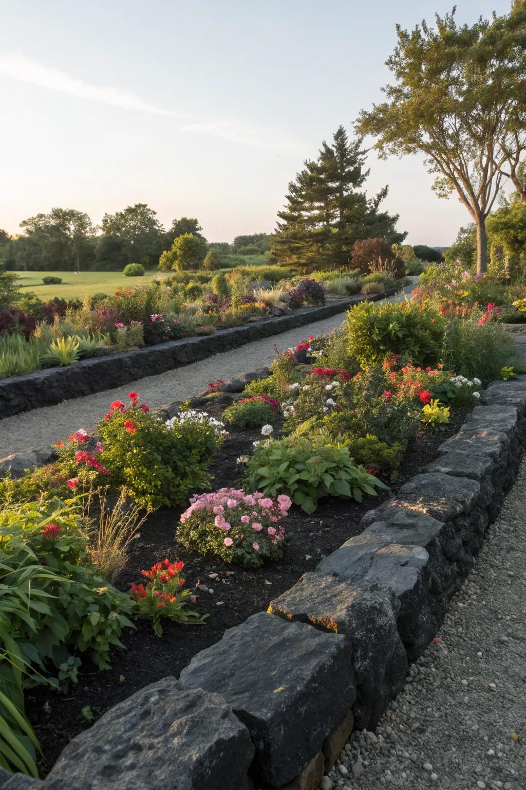 Defined edging borders with black rocks.