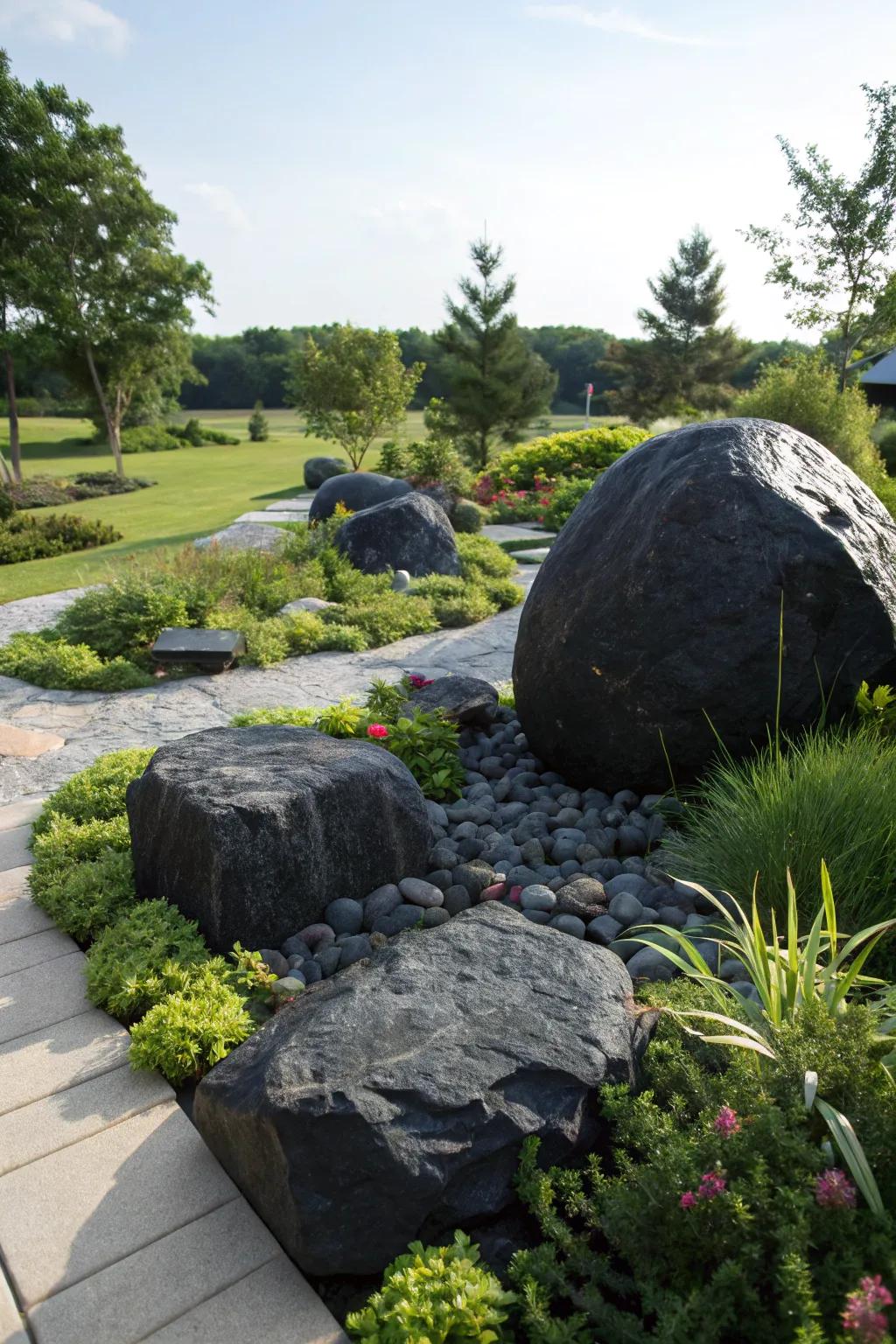 Bold black boulder garden.
