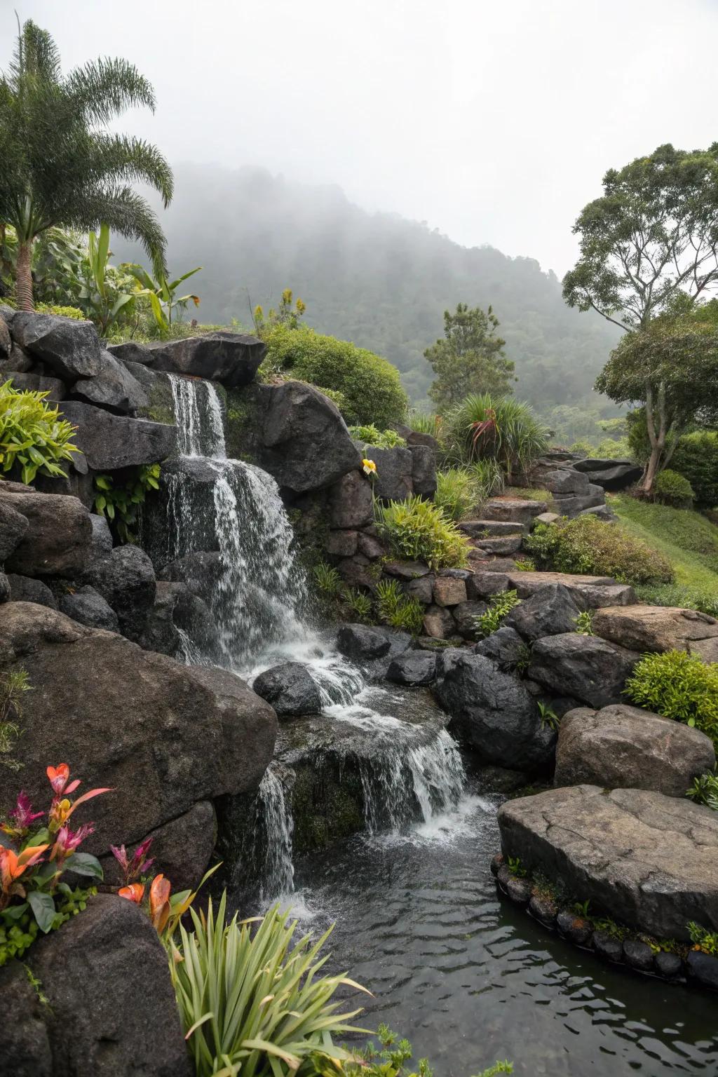 Volcanic rock waterfall in a garden.