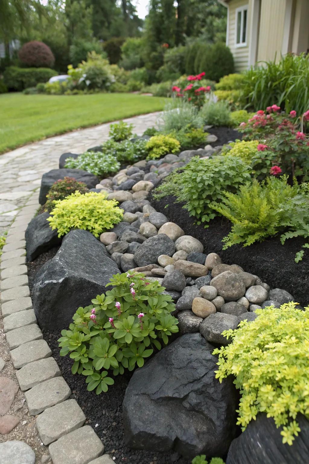 Ornamental arrangement of black rocks around plants.