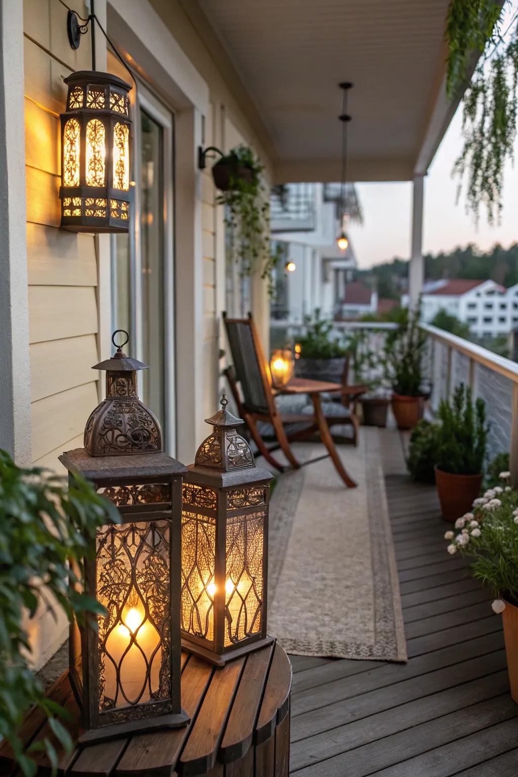 Lanterns providing a warm and inviting ambiance on a front porch.