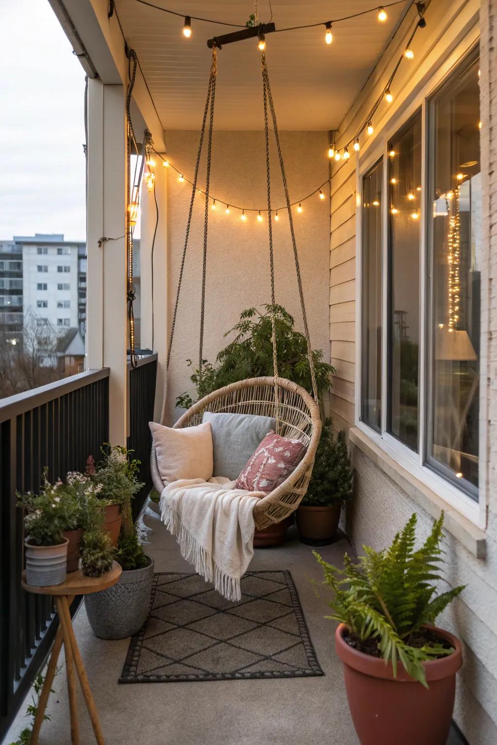 A swing chair offering a comfortable and playful seating option.