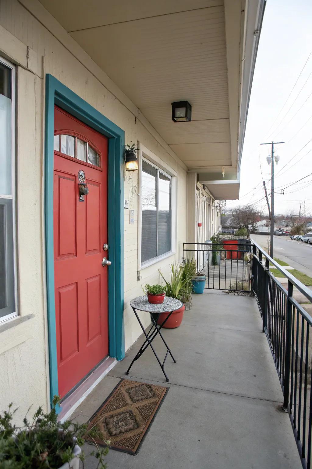 A boldly painted door adding a pop of color to a porch.