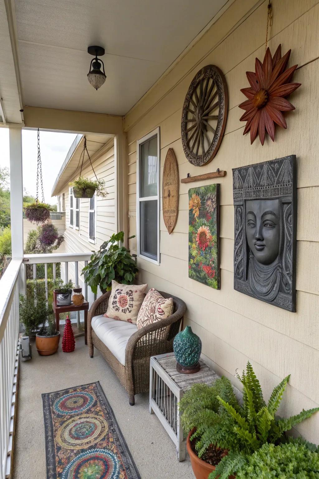 Artistic wall decor adding personality to a front porch.