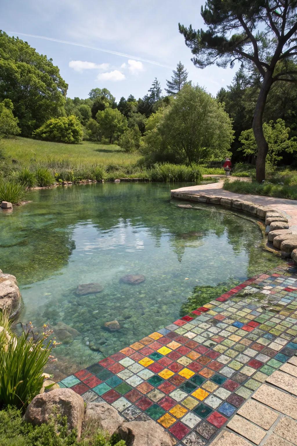 A recreational pond with a colorful mosaic, adding an artistic element.