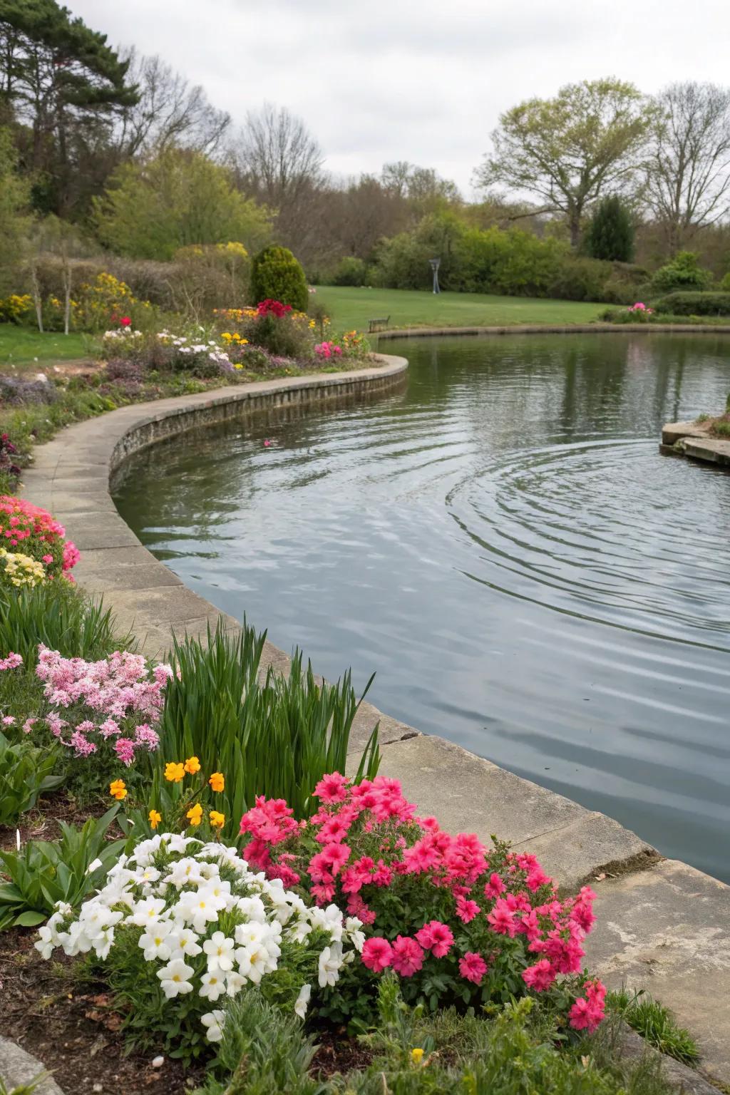 A recreational pond surrounded by seasonal blooms, offering color throughout the year.