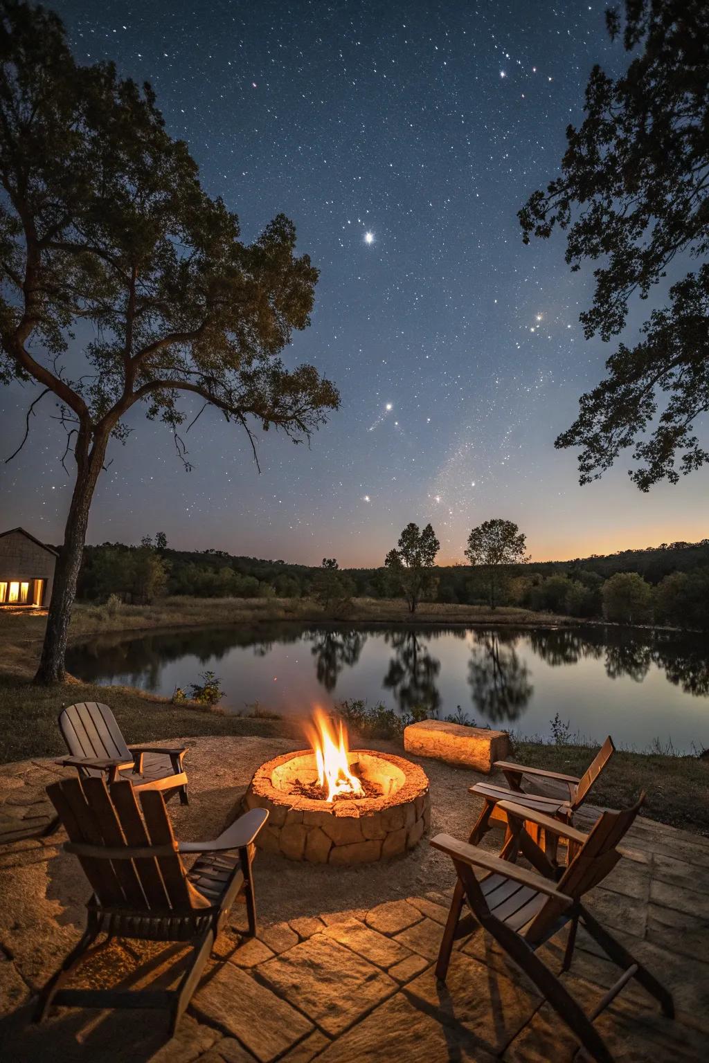 A pondside fire pit, perfect for cozy evenings and gatherings.