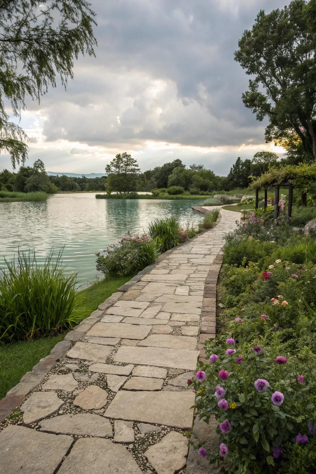 A stone pathway leading to a recreational pond, inviting exploration.