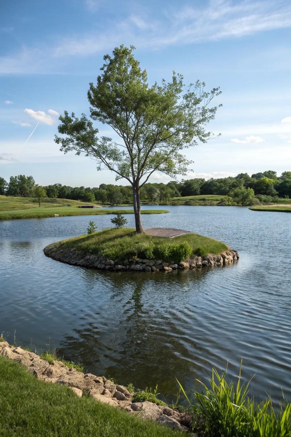 A recreational pond with a small island, creating an enchanting focal point.