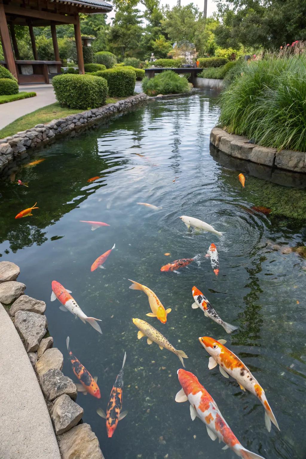 A recreational pond section with colorful koi fish, adding life and movement.