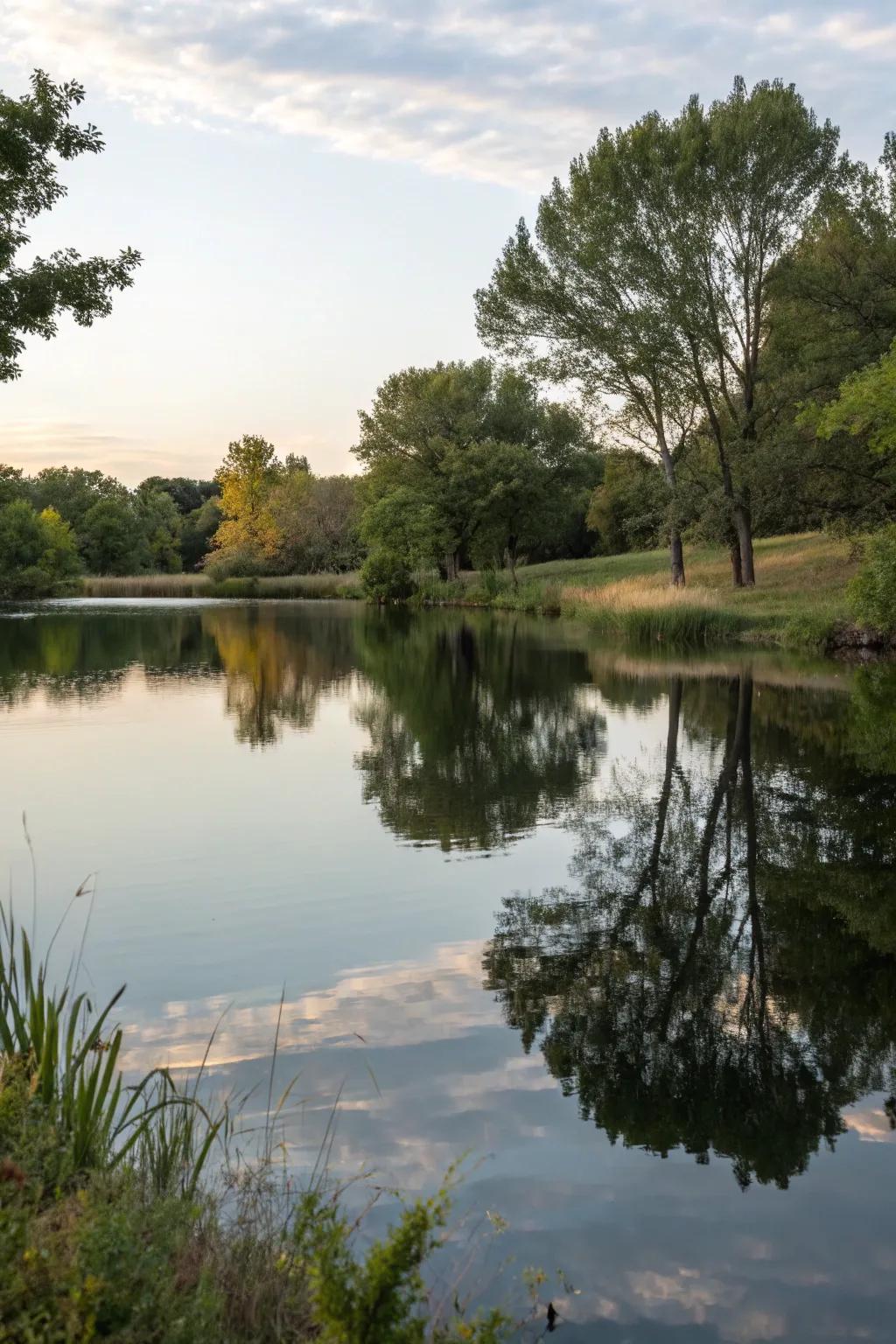 A recreational pond with a reflective surface, mirroring the sky above.