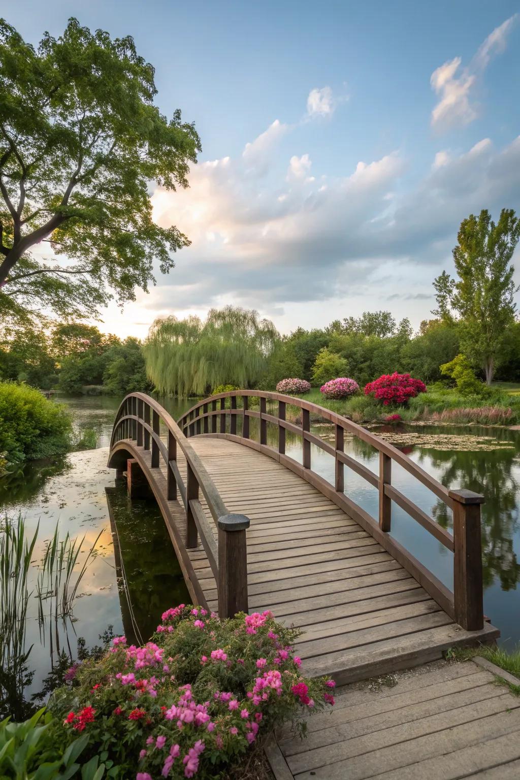 A wooden bridge crossing over a recreational pond, inviting exploration.
