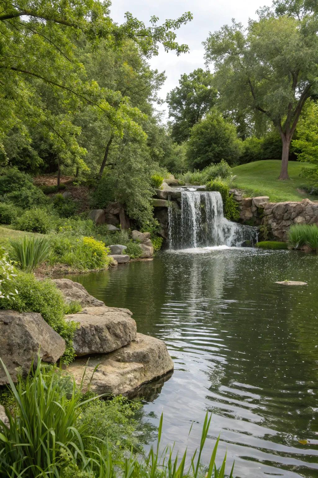 A small waterfall feature flowing into a recreational pond, adding movement and sound.