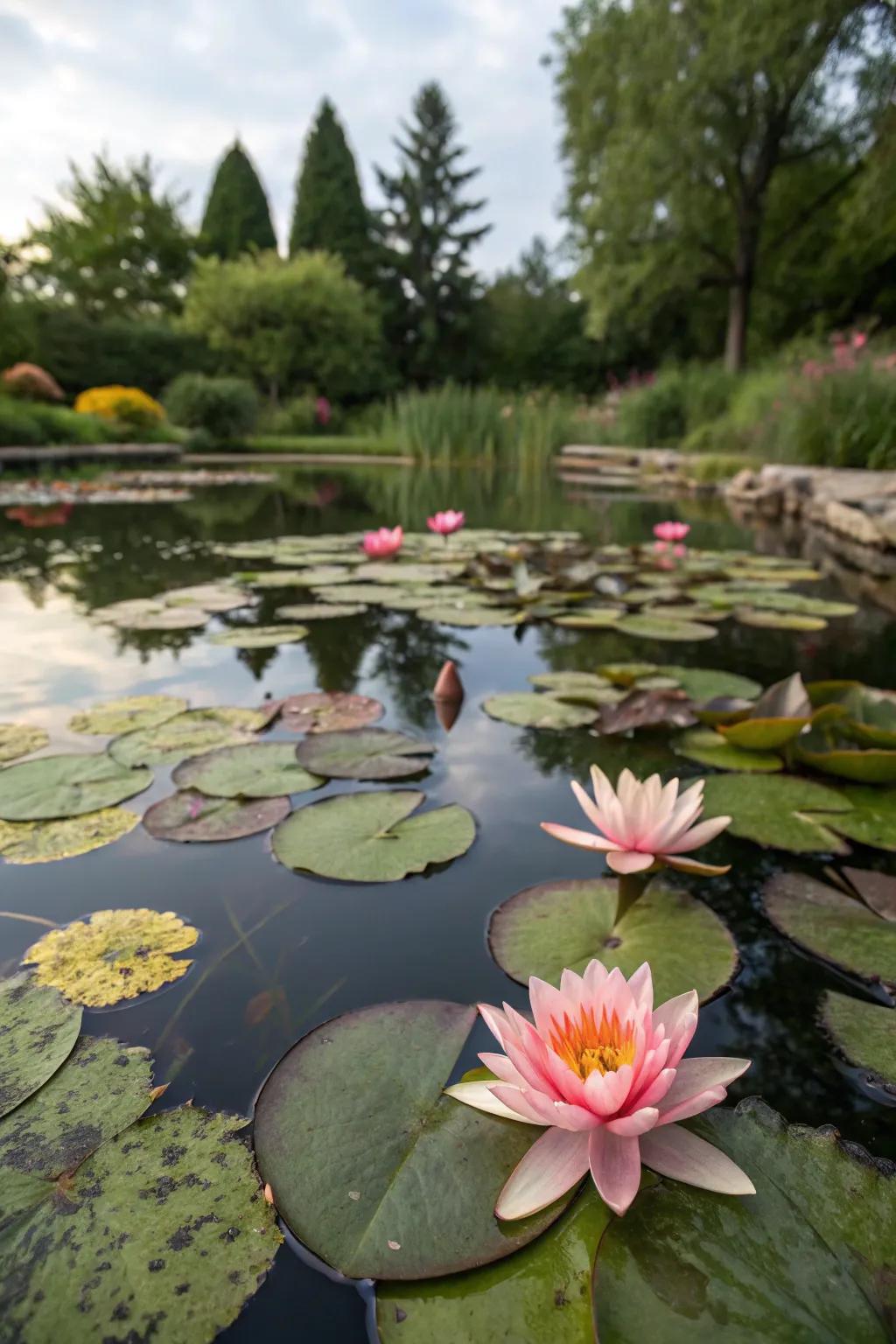 A recreational pond adorned with blooming water lilies, adding natural beauty.