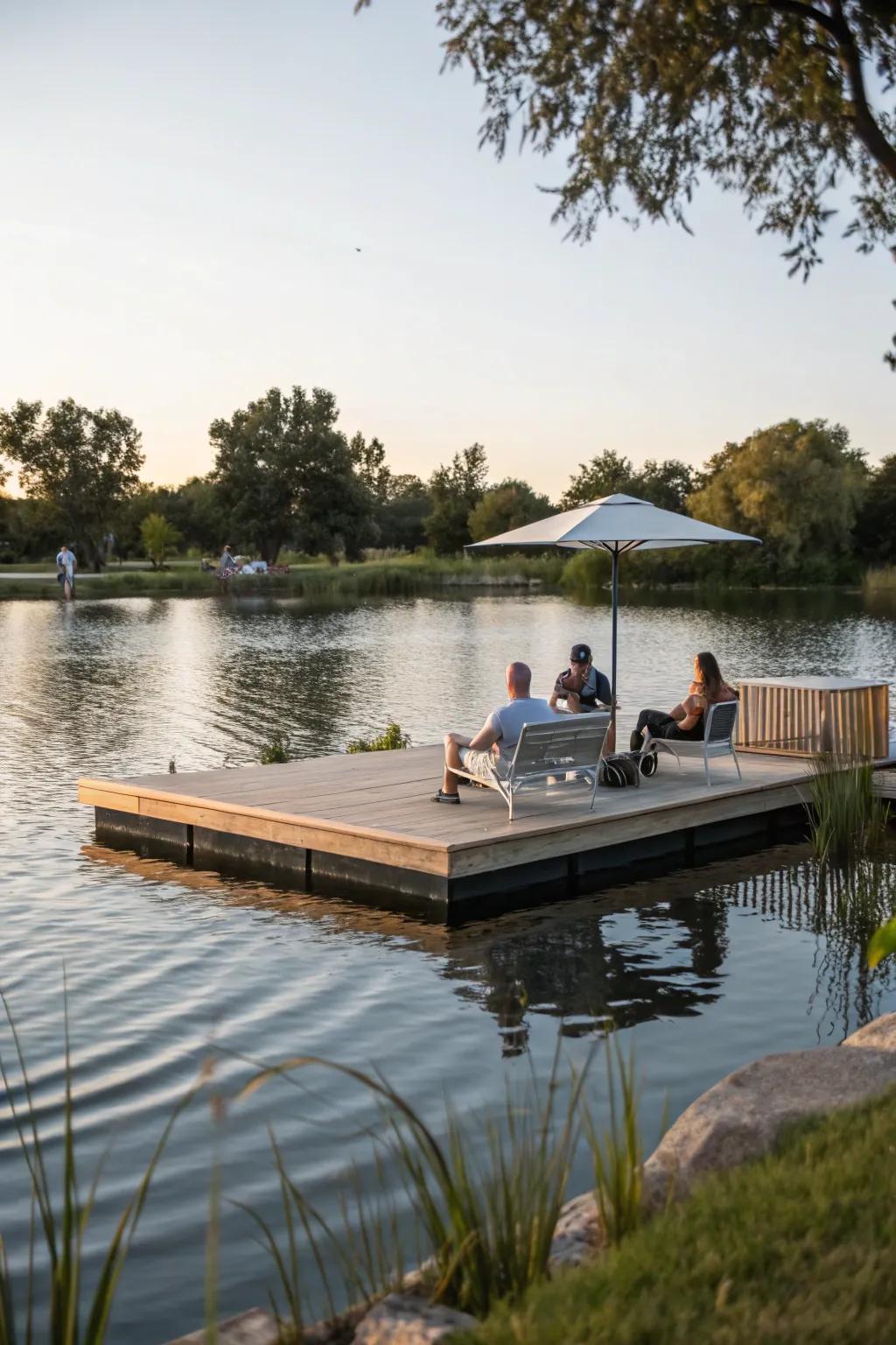 A floating deck over a recreational pond, ideal for relaxation and leisure.