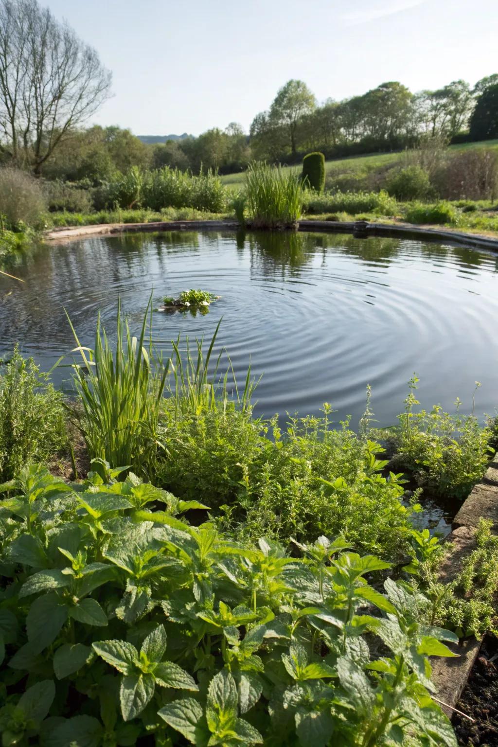 A recreational pond surrounded by edible plants, adding practicality to beauty.