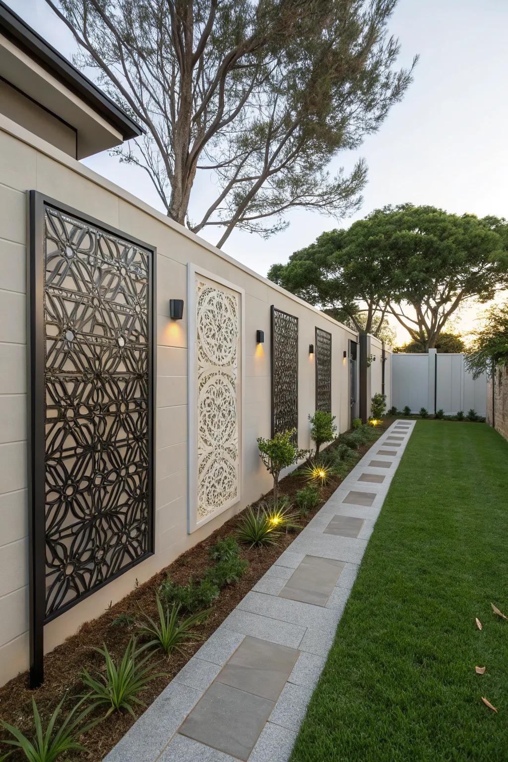 Decorative panels add a modern artistic flair to an outdoor wall.