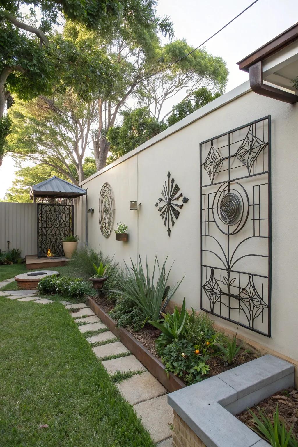 Metal art installations bring a modern touch to outdoor walls.