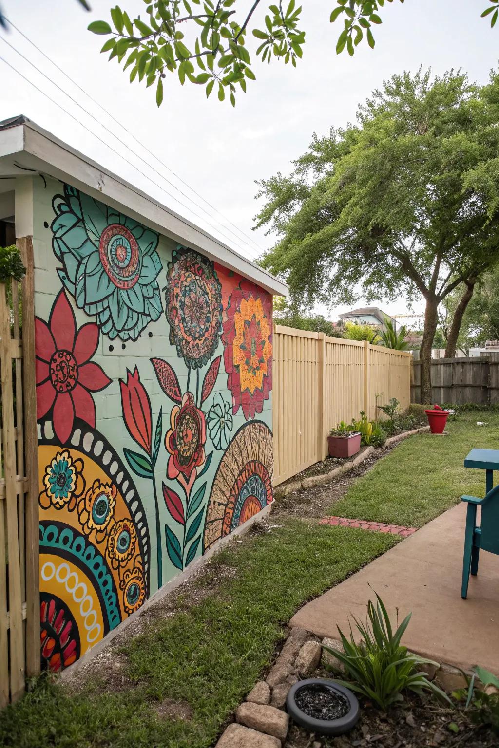 A custom wall mural adds a unique artistic touch to an outdoor space.