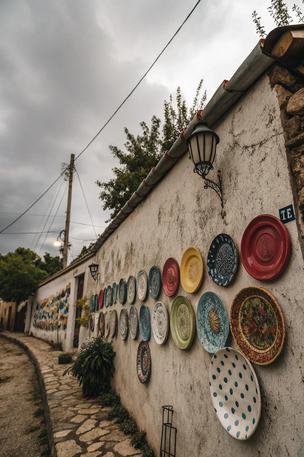 Decorative plates create a visually stunning arrangement on an outdoor wall.