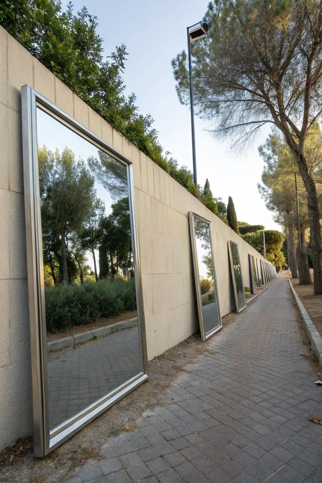 Mirrors on an outdoor wall create the illusion of expanded space.