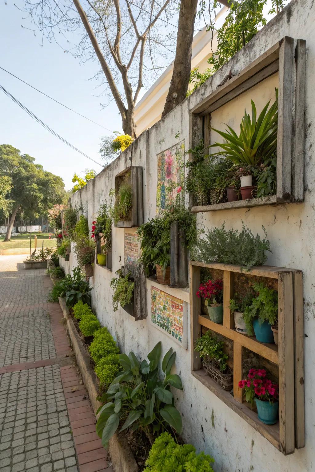 Shadow boxes on an outdoor wall offer a creative way to display decor.