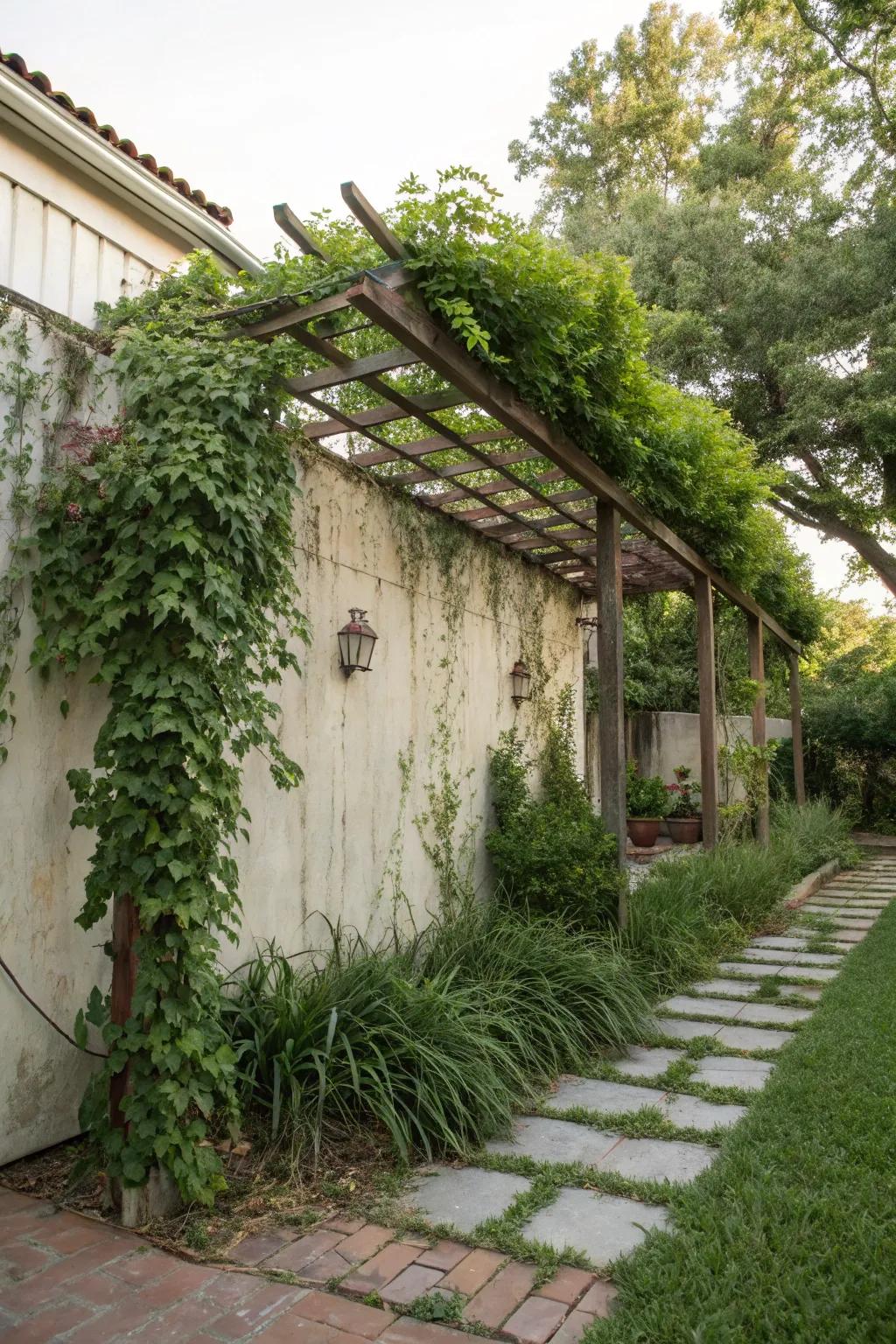 A pergola over the wall adds shade and a touch of elegance to the outdoor space.