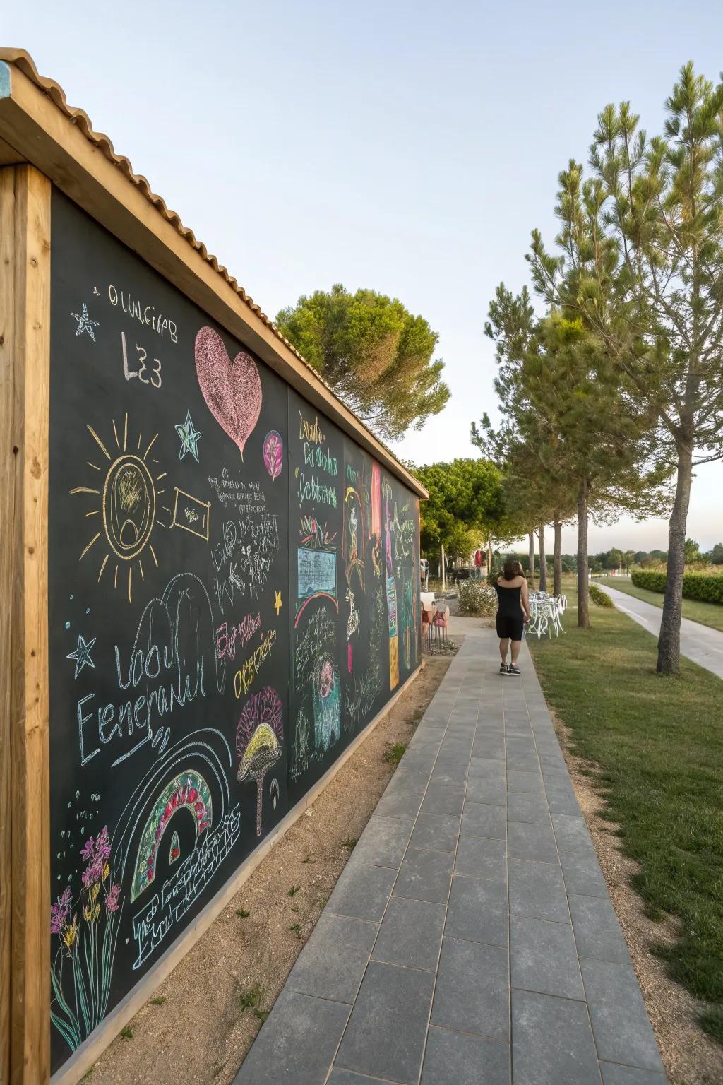 An interactive chalkboard wall adds fun and creativity to outdoor spaces.