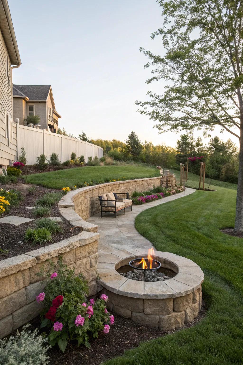 A fire pit adds warmth and ambiance to your front yard.