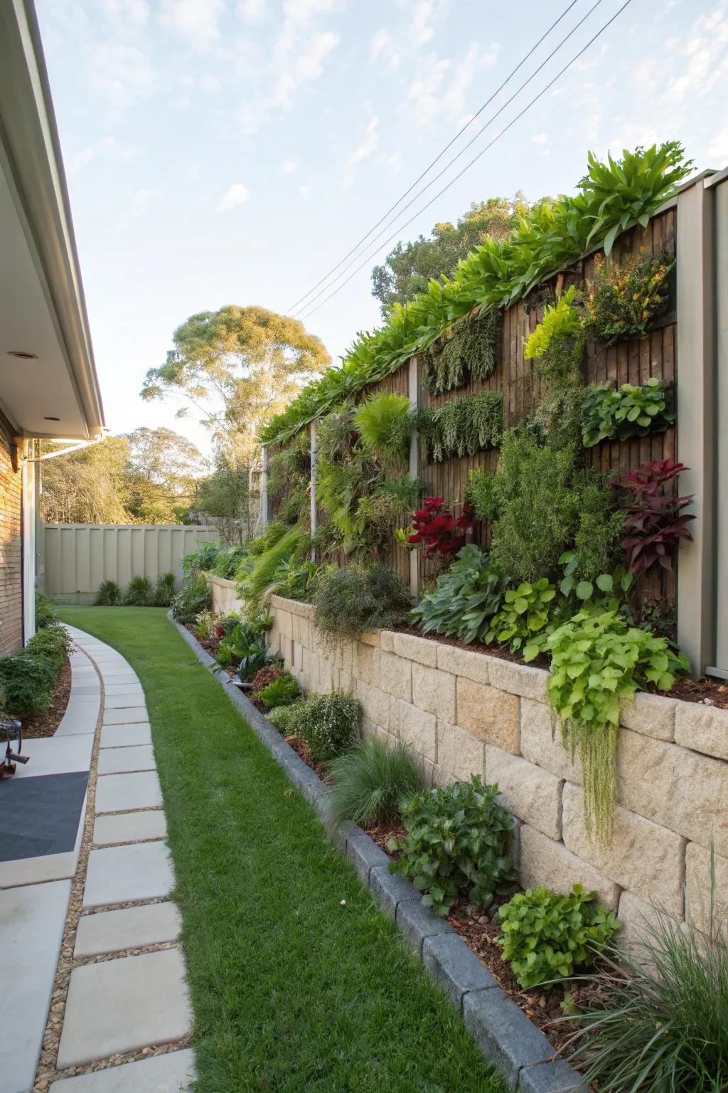 A vertical garden on your retaining wall adds lush greenery and saves space.